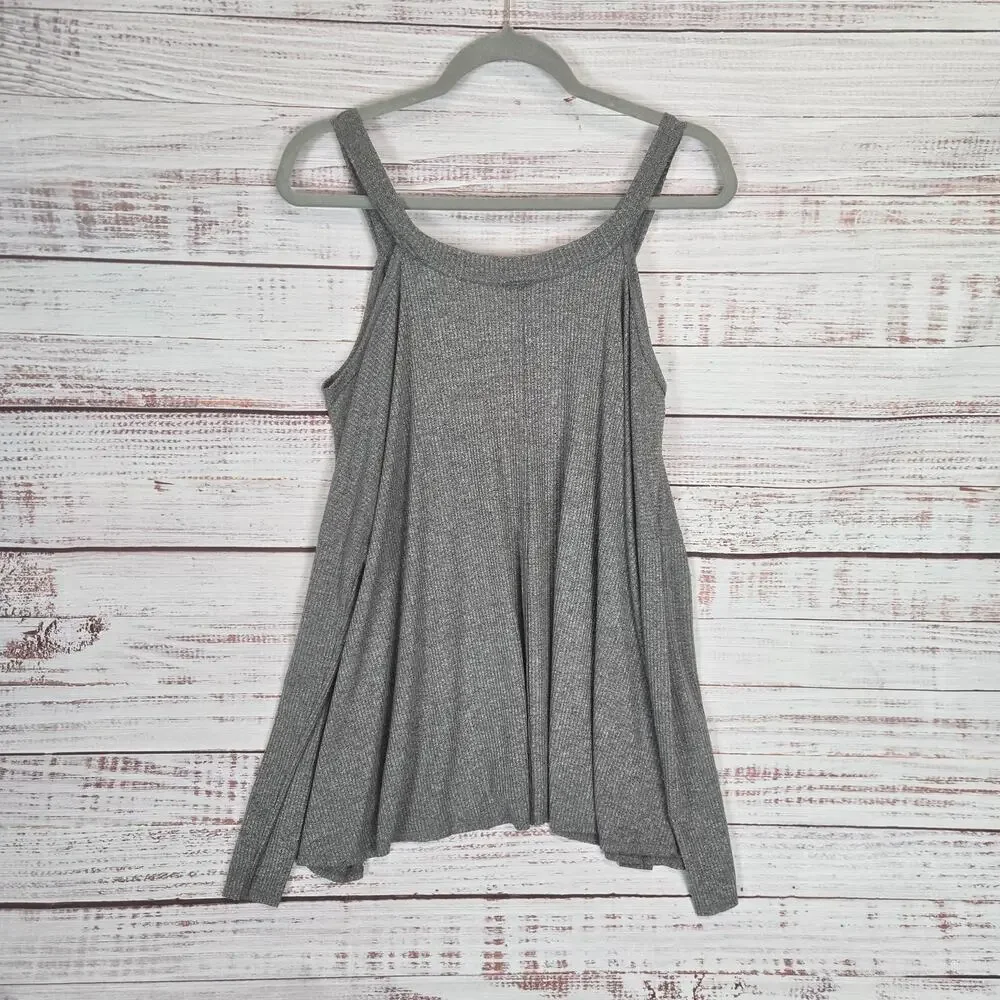 PPLA Gray Cold Shoulder Long Sleeve Top M Oversize Light Rib Knit Neutral Basic